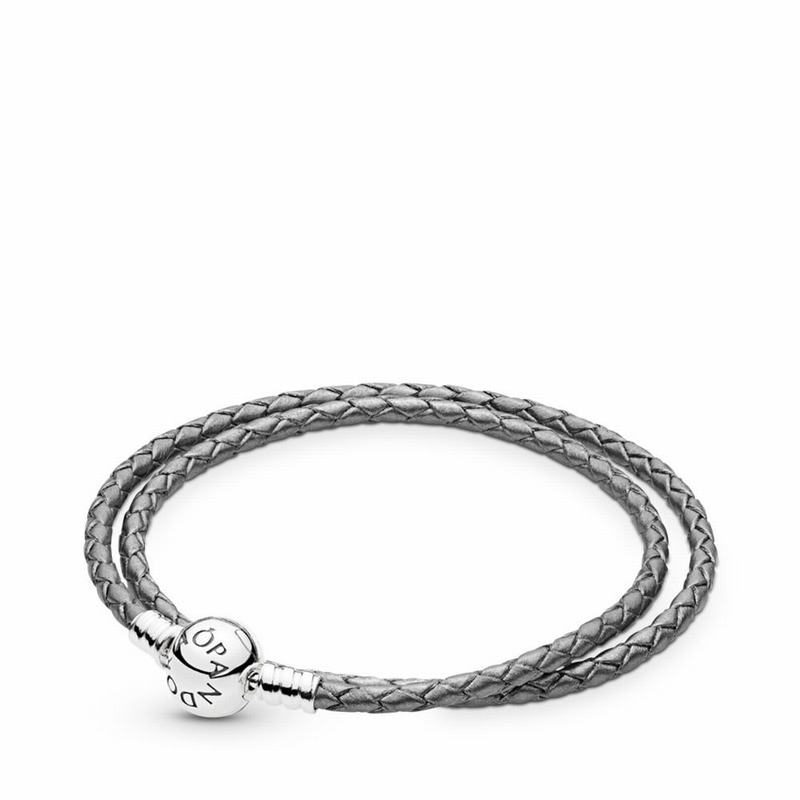 Pandora Grey Braided Double-leather Charm Bracelet - Sterling Silver/Leather/Grey - Canada | OF6809Z